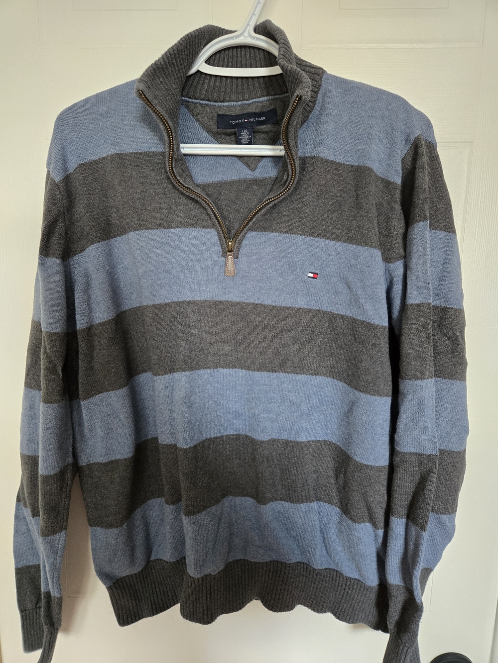 Tommy Hilfiger Men’s Blue and Gray Striped Half-Zip Sweater